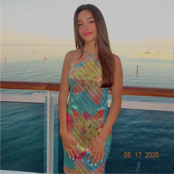 Dresses & Skirts - Junior’s T-Neck Lily Placement Sequin Bodycon Dress